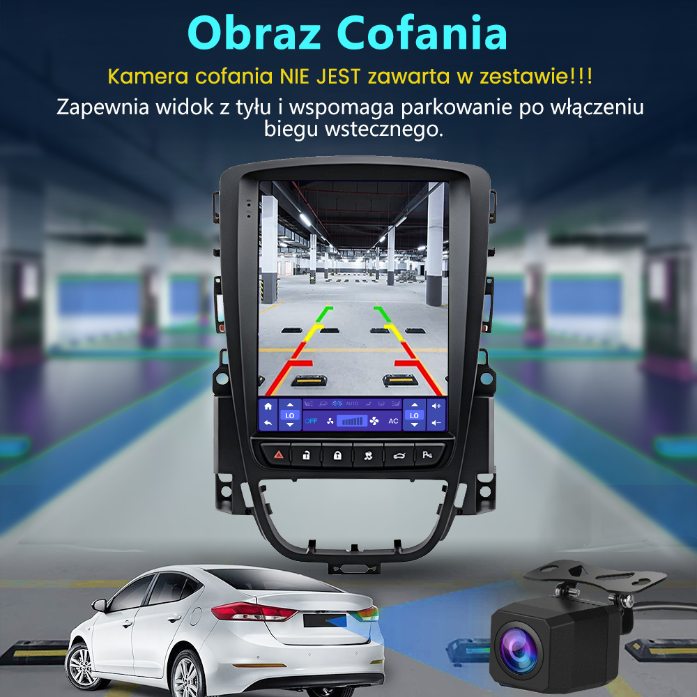 Radio samochodowe wyświetla widok parkingu z kamery cofania, z autem i kamerą.