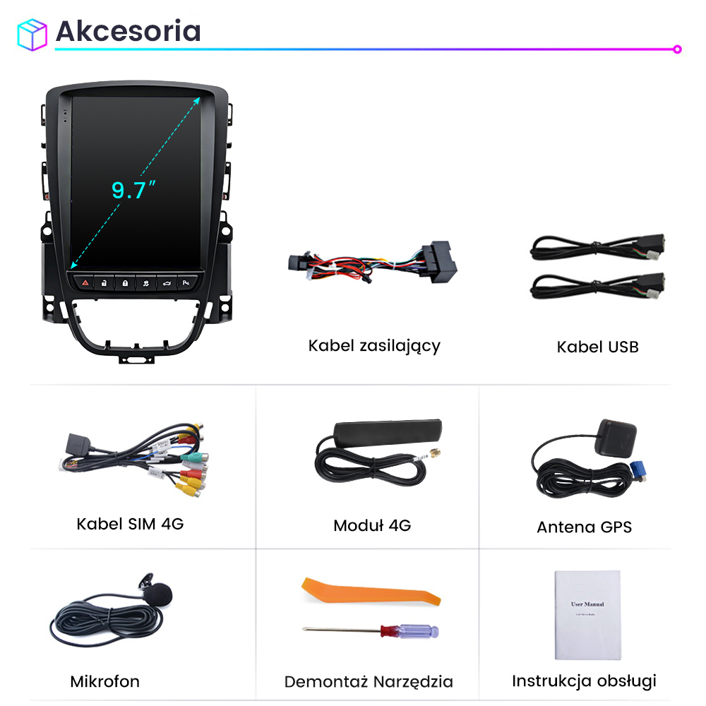 Akcesoria: ekran 9,7 cala, kabel zasilający, kabel USB, kabel SIM, moduł 4G, antena GPS, mikrofon, narzędzia.