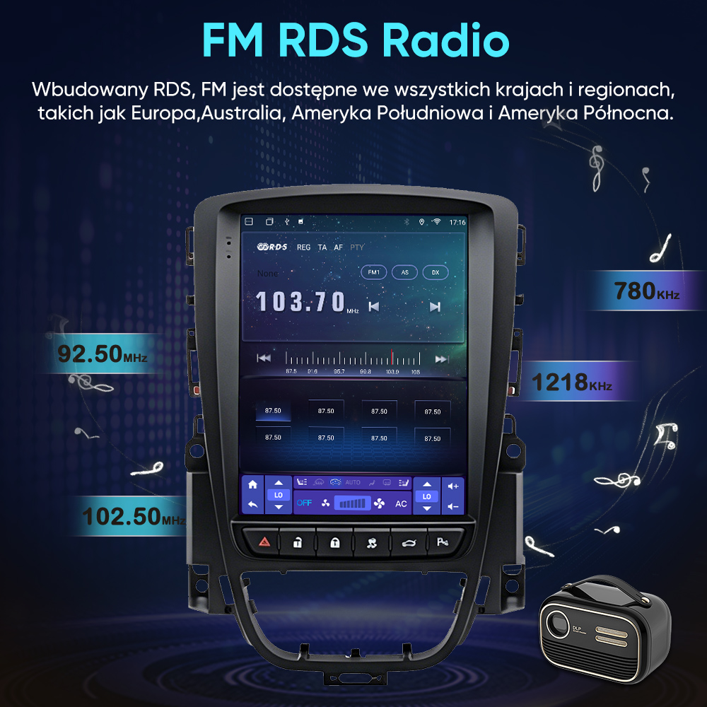 Radio samochodowe z dużym ekranem dotykowym wyświetla stacje. Unoszą się nuty muzyczne.
