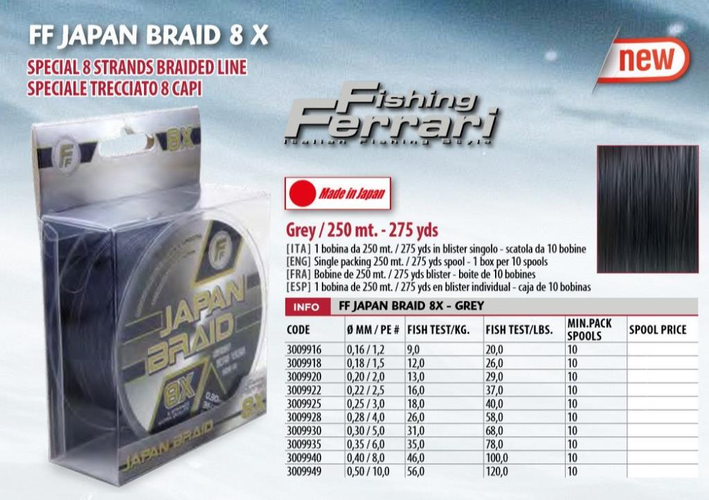 Gri 'FF Japan Braid 8X' misina ambalajında, özellikleriyle birlikte.