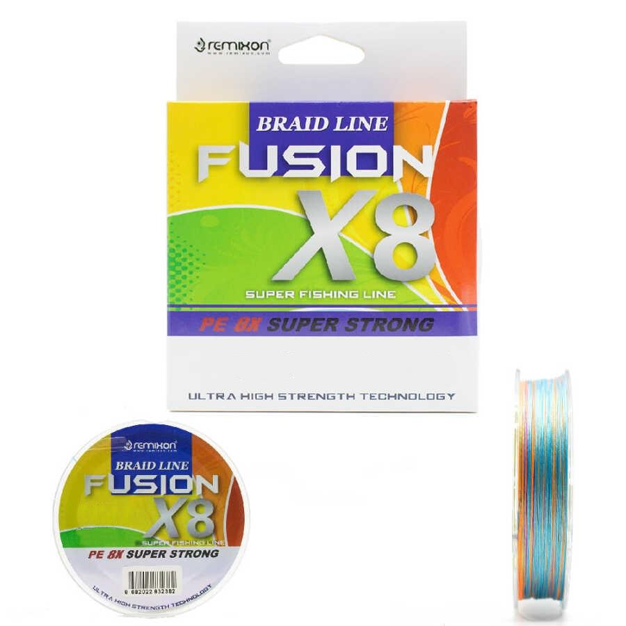 Çok renkli örgülü misina kutusu ve makarası. Yazı: Fusion X8.