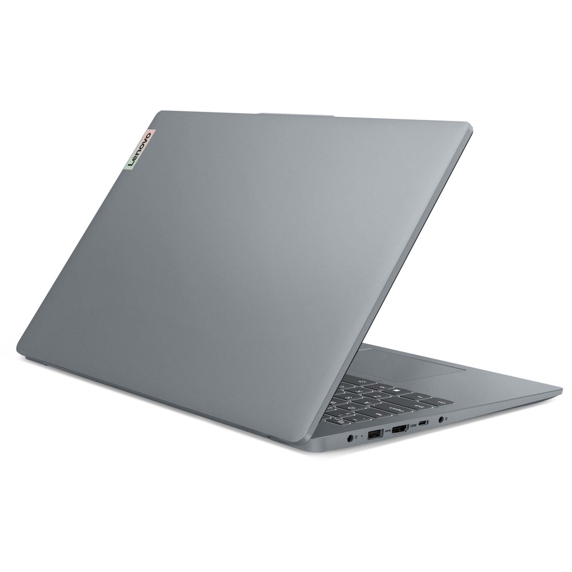 Gri Lenovo dizüstü bilgisayar, kapalı, klavye ve bağlantı noktaları görünür.
