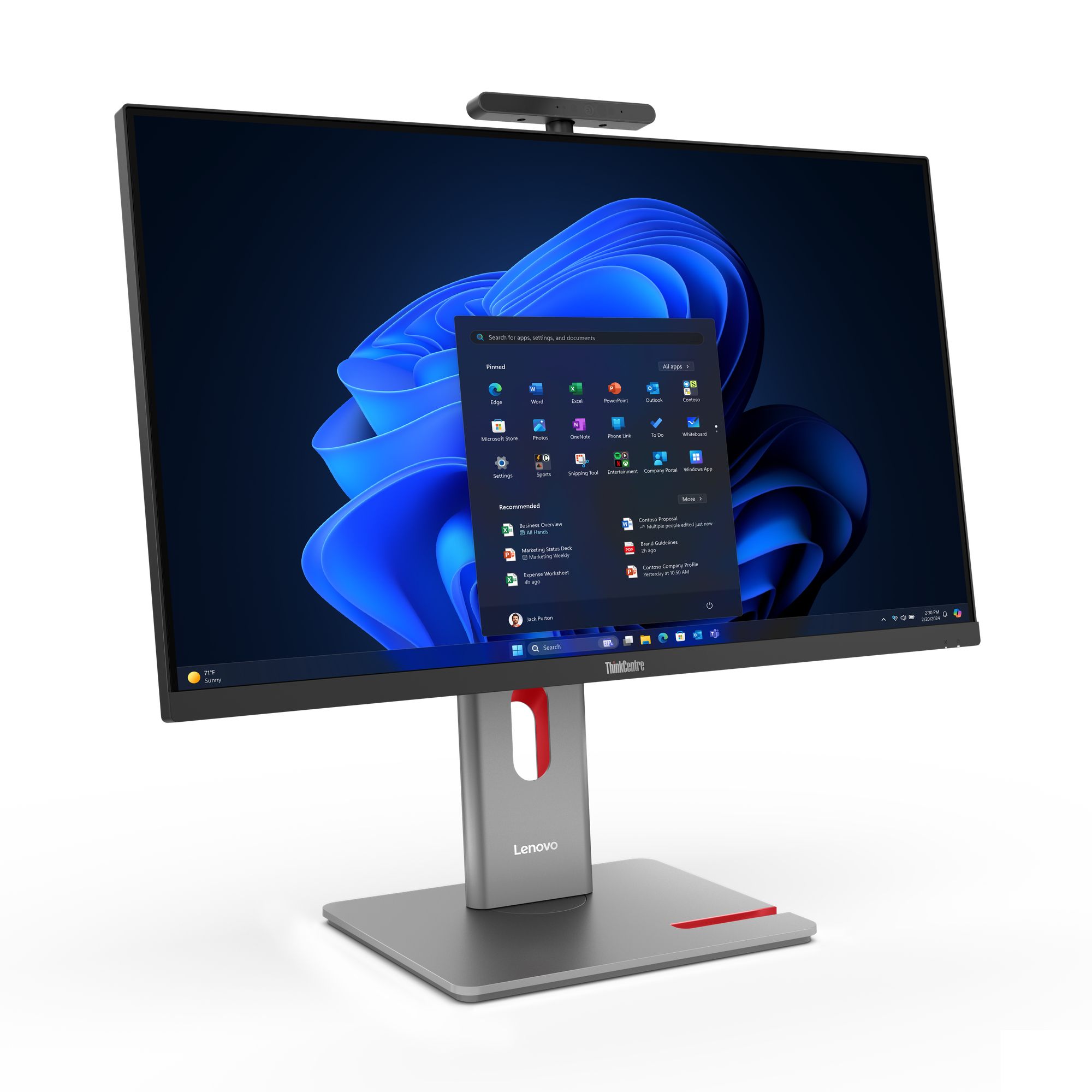 Un PC all-in-one Lenovo ThinkCentre con scocca nera e supporto grigio.