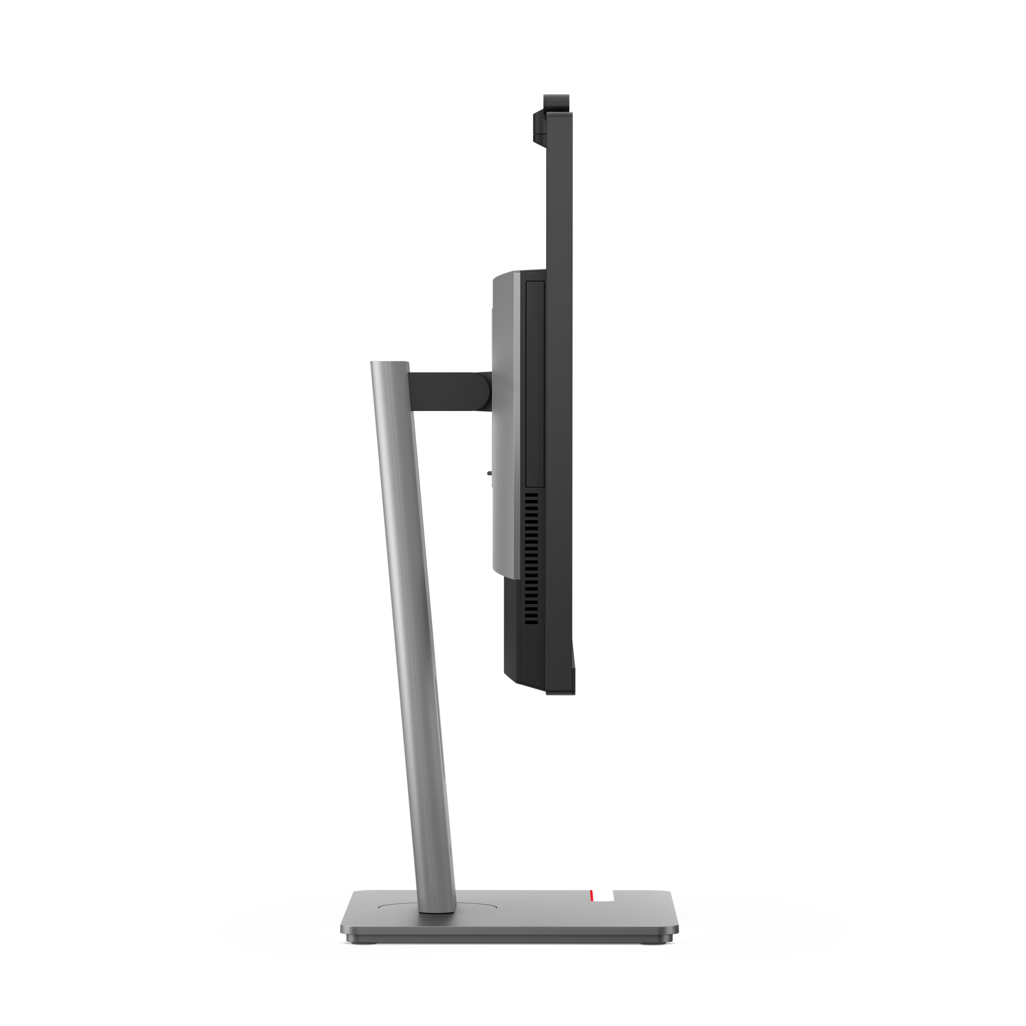 Vista laterale di un monitor moderno su supporto argentato con alloggiamento nero.