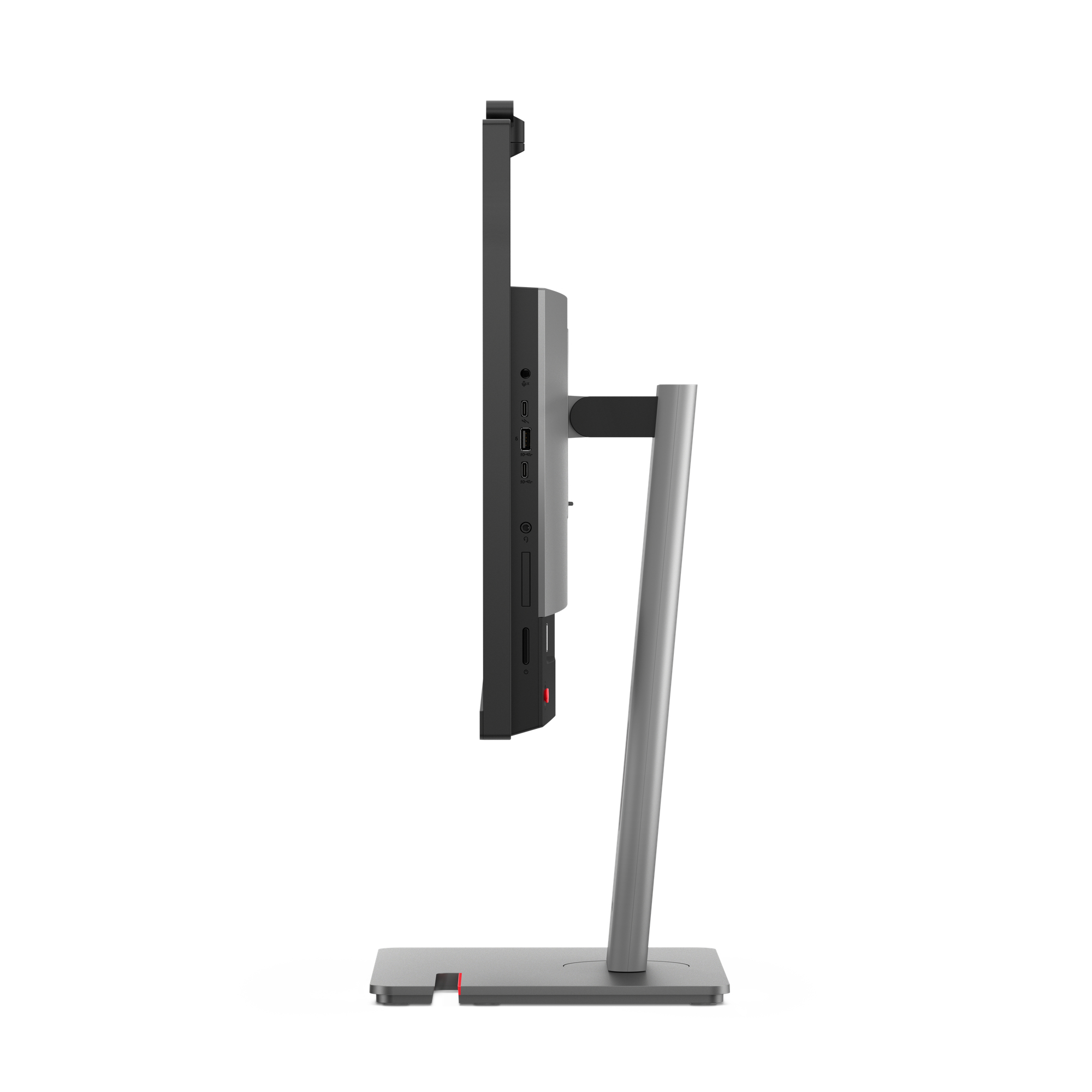 Supporto monitor grigio con schermo nero e porte.