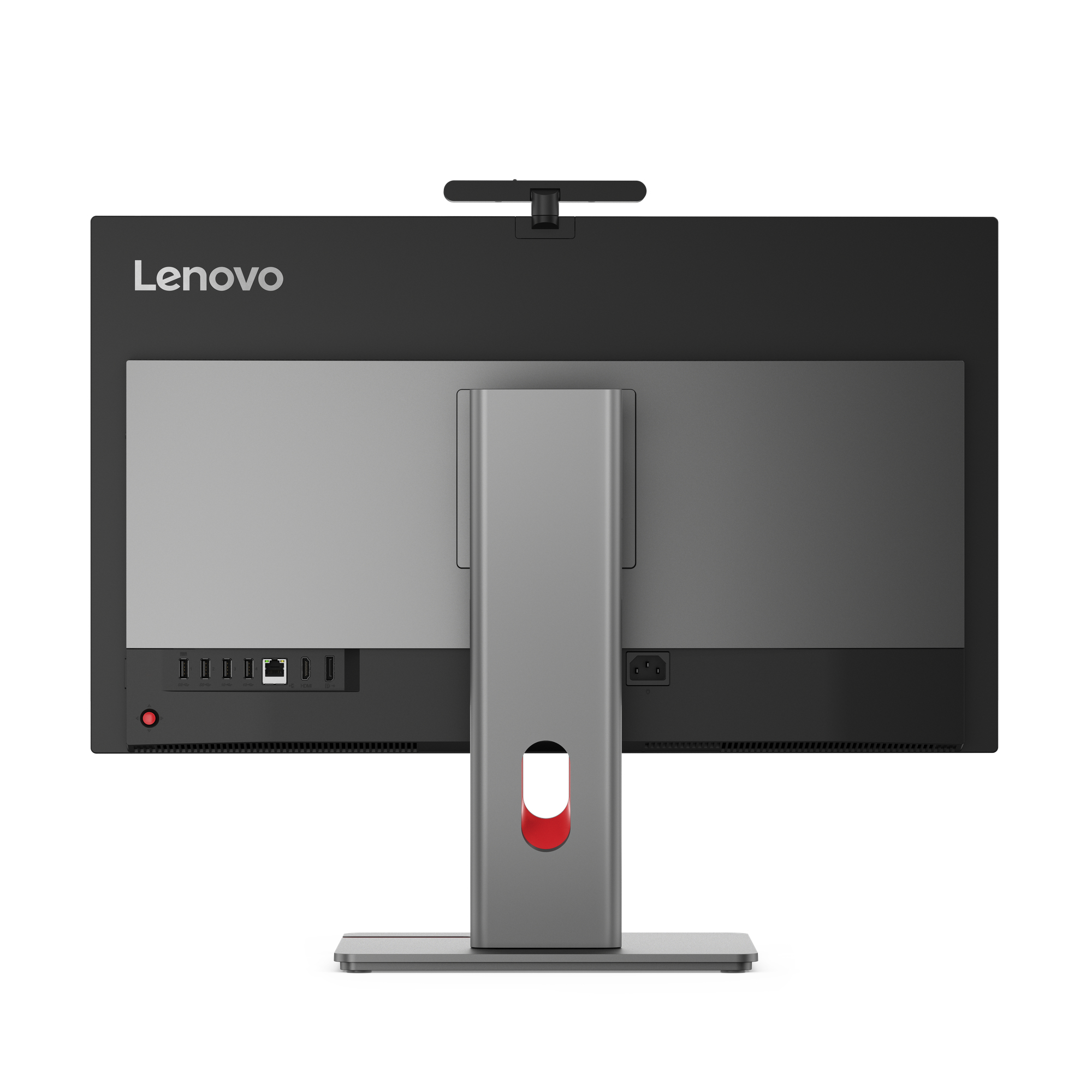 Vista posteriore di un computer all-in-one Lenovo nero con porte e supporto argentato.