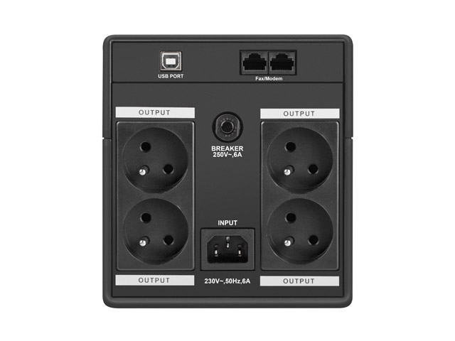 Rückseite eines schwarzen Geräts mit USB-, Fax/Modem-Anschlüssen, 4 Steckdosen und Netzschalter.