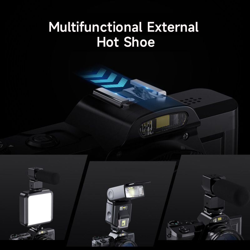 Camera hot shoe with LED light, flash, and microphone attachments.