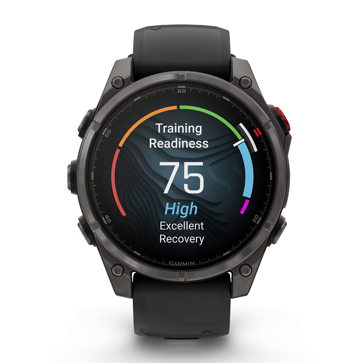Un reloj inteligente gris muestra 'Training Readiness 75 High Excellent Recovery' en pantalla.