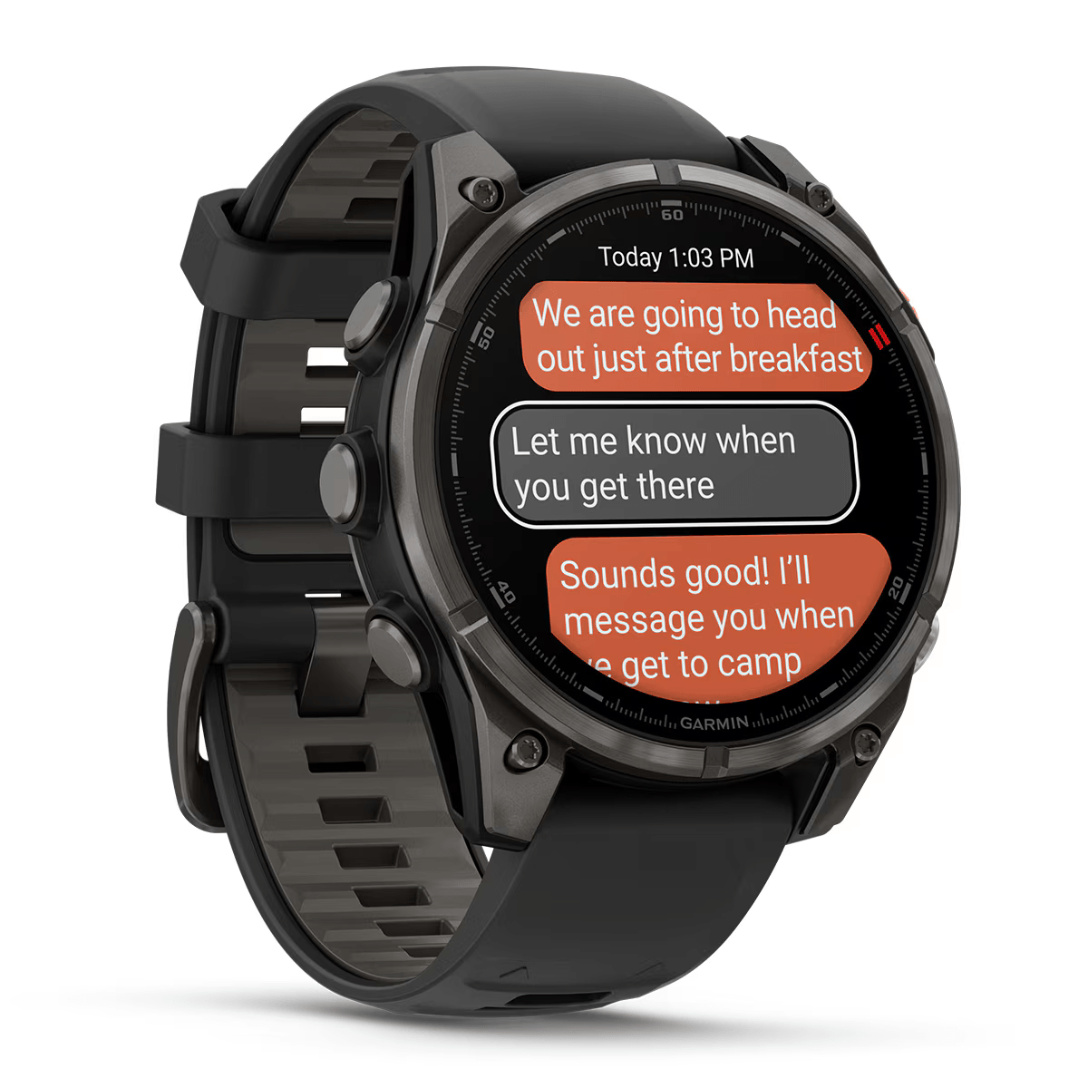 Un reloj inteligente gris muestra mensajes de texto hoy a la 1:03 p. m.