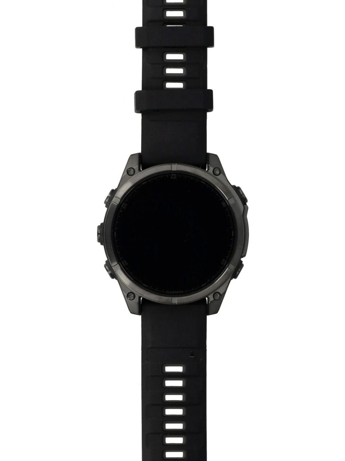 Eine schwarze Smartwatch mit schwarzem Armband auf weißem Hintergrund.