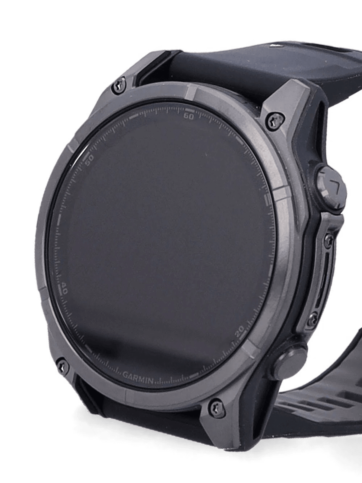 Eine graue Smartwatch mit schwarzem Armband und schwarzem Zifferblatt.