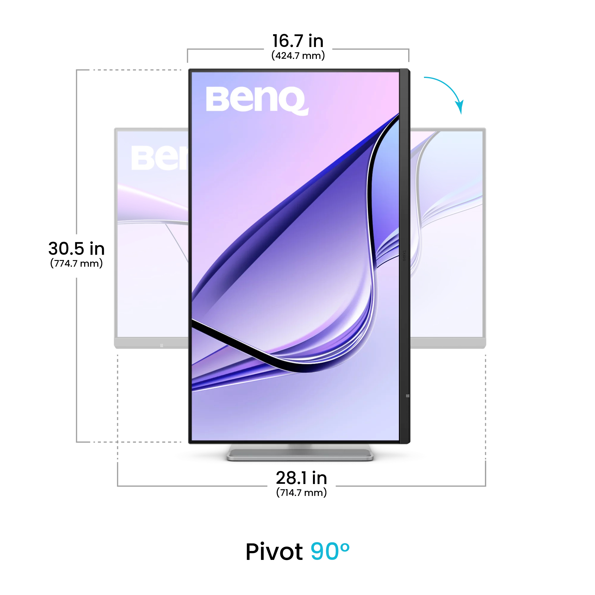 Un monitor BenQ è mostrato verticalmente, con dimensioni e indicazione di perno.