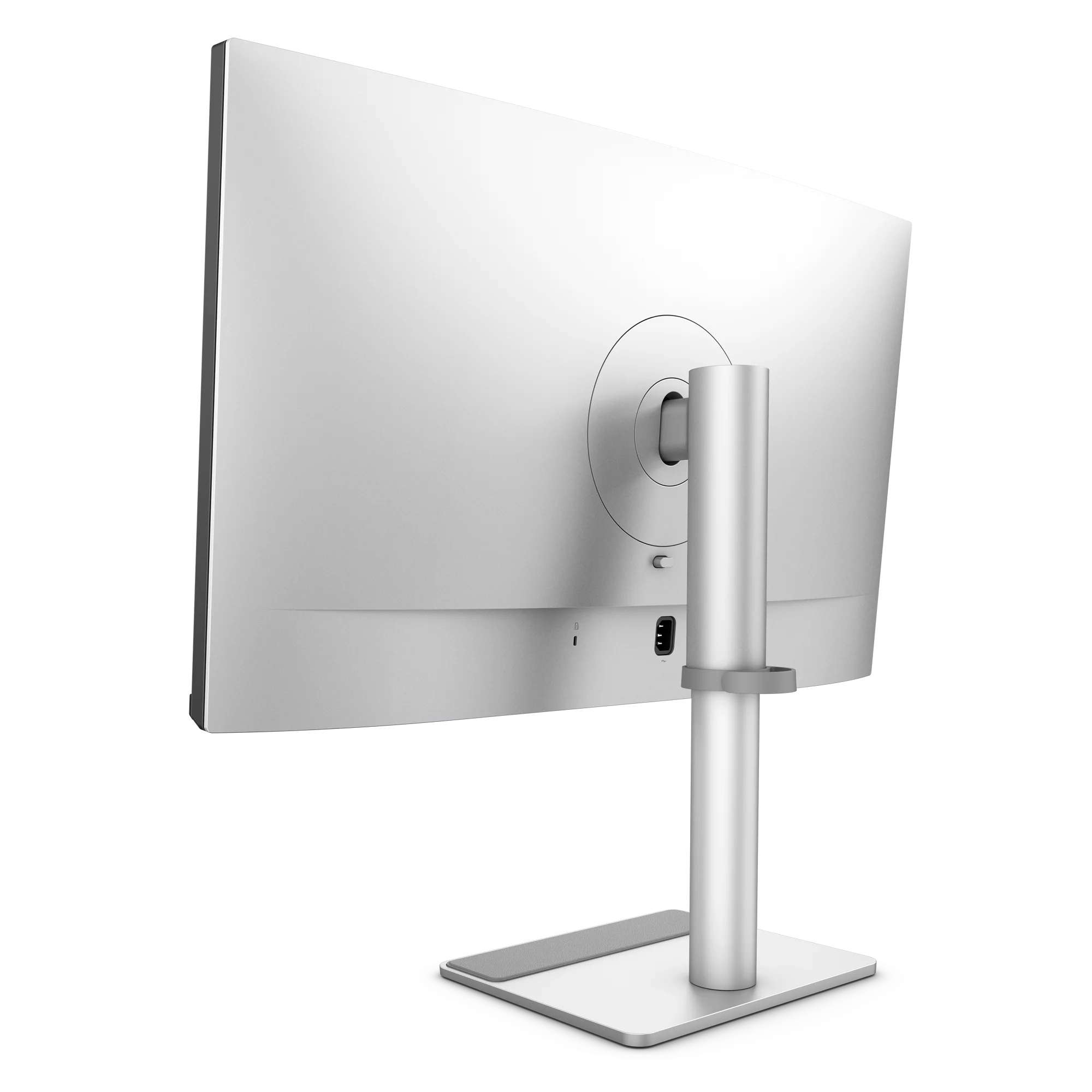 Vista posteriore di un monitor argento con supporto argento su sfondo bianco.