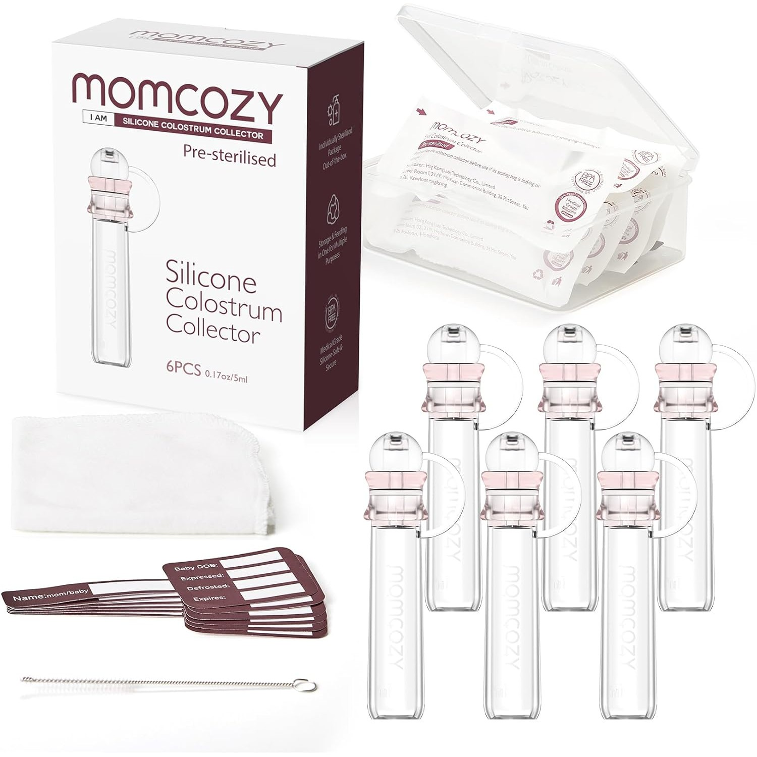 Sześć silikonowych kolektorów siary Momcozy, pudełko, etykiety i szczoteczka.