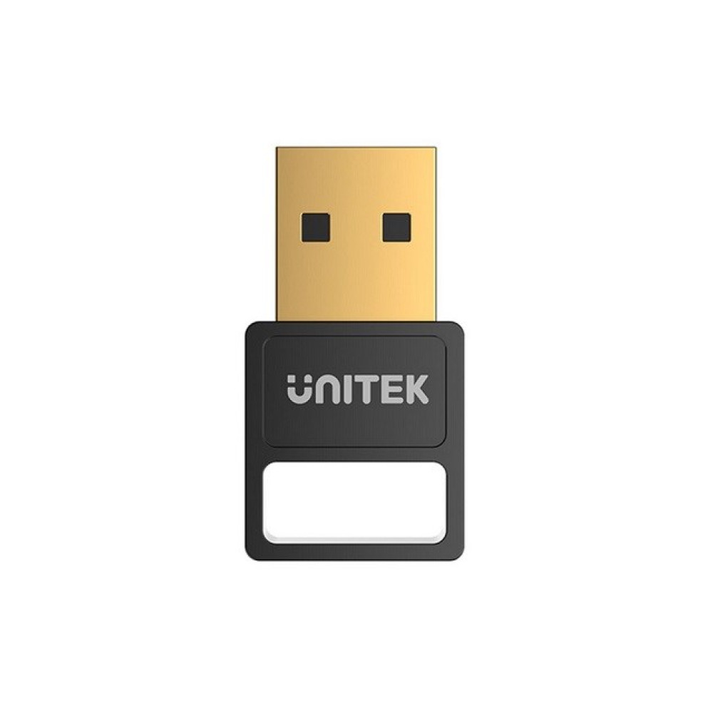 Altın rengi konektörlü ve iki siyah kareli siyah UNITEK USB adaptörü.
