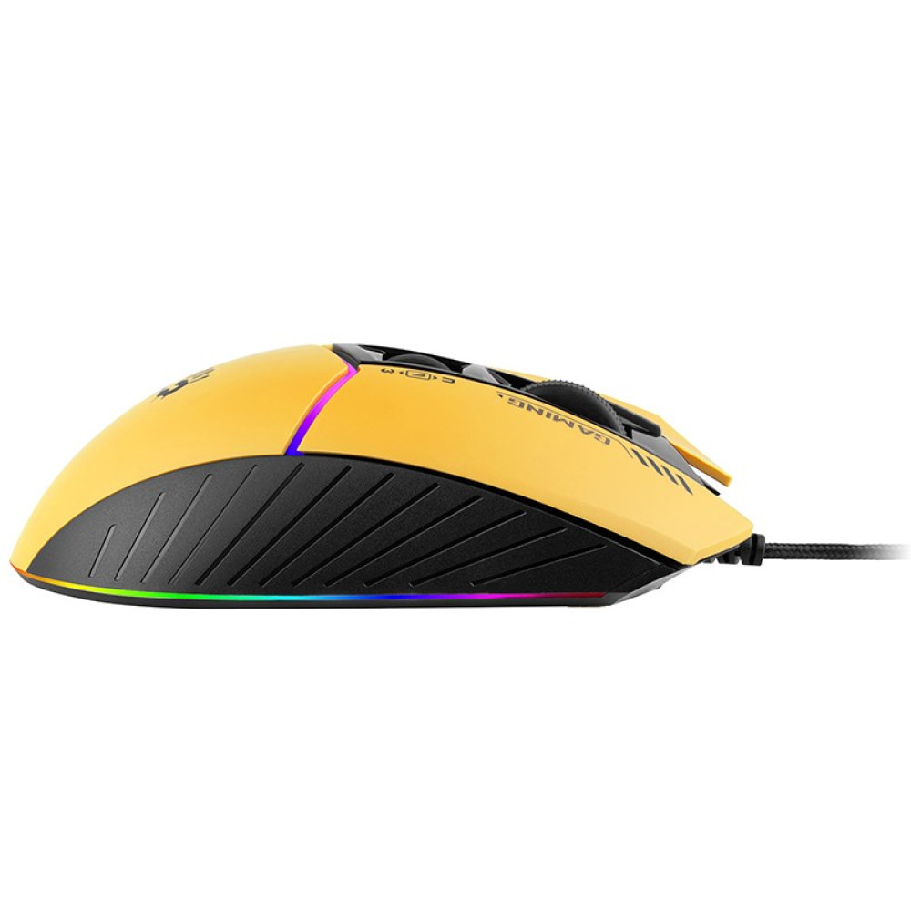 Żółta mysz gamingowa z podświetleniem RGB i czarnym uchwytem.