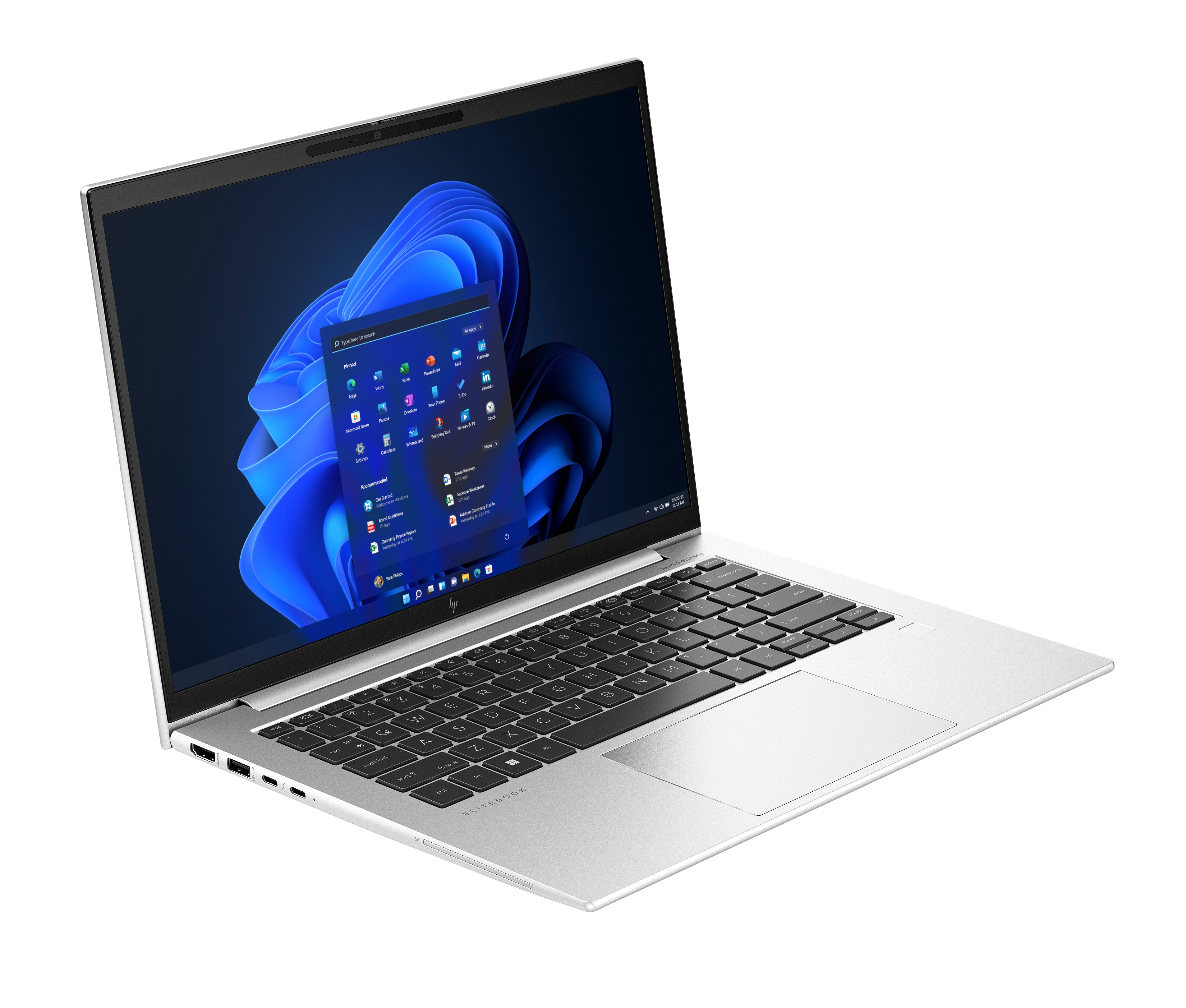 Srebrny laptop z otwartym menu startowym systemu Windows 11.