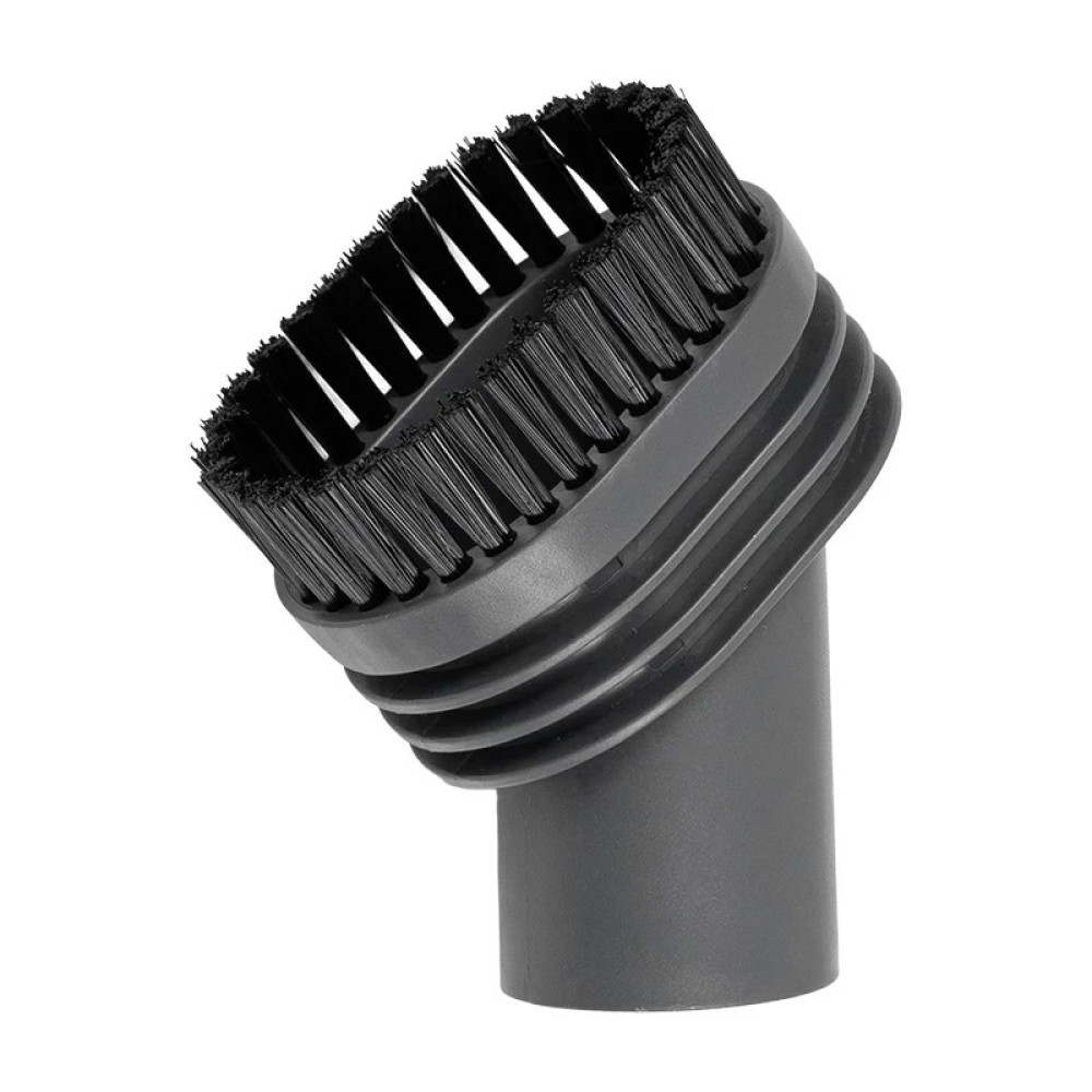 Szary adapter odkurzacza z czarnym włosiem na białym tle.