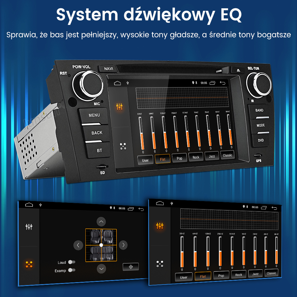 Radio samochodowe z wyświetlaczem EQ i suwakami korektora, plus trzy różne widoki.