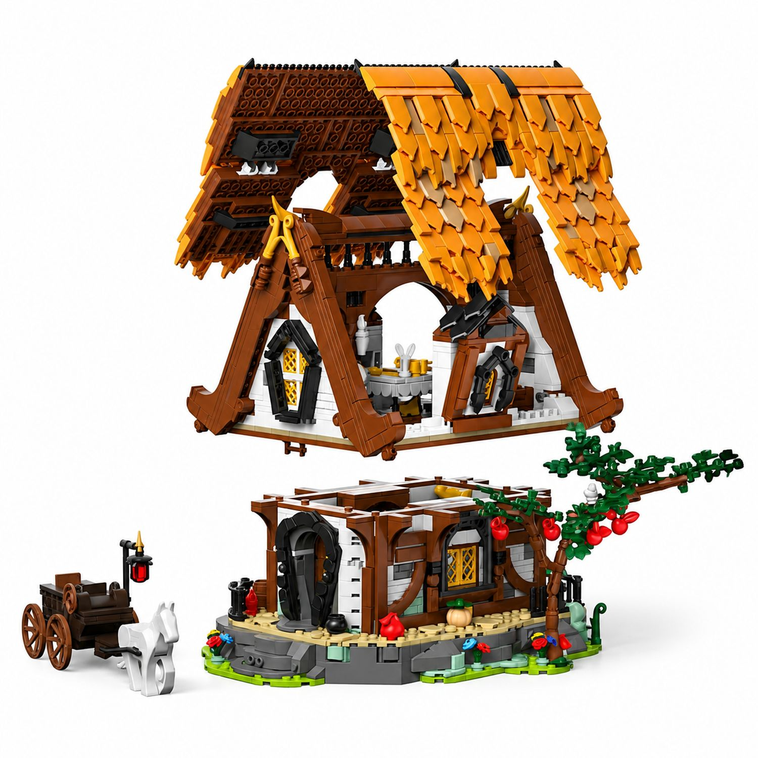 Model domu Lego z wozem i koniem.