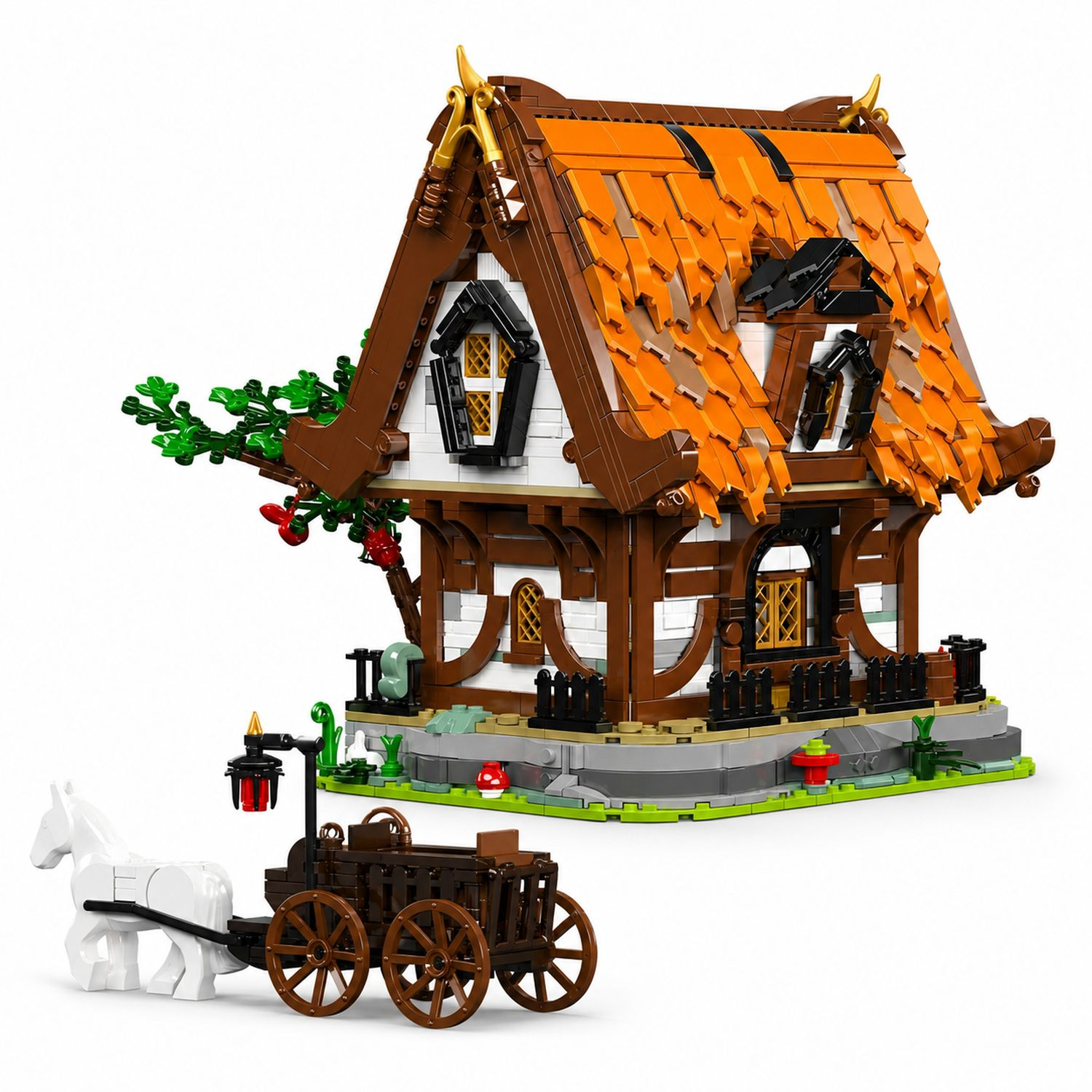 Budowla Lego przedstawiająca dom z brązowego drewna i pomarańczowym dachem, obok białego konia z wozem.