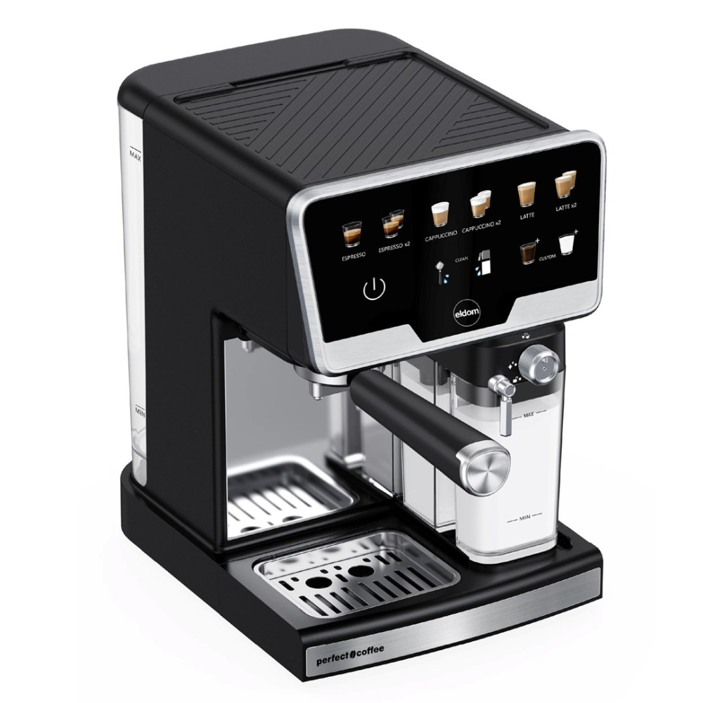 Una macchina da caffè Eldom nera con display digitale che mostra le opzioni bevanda.