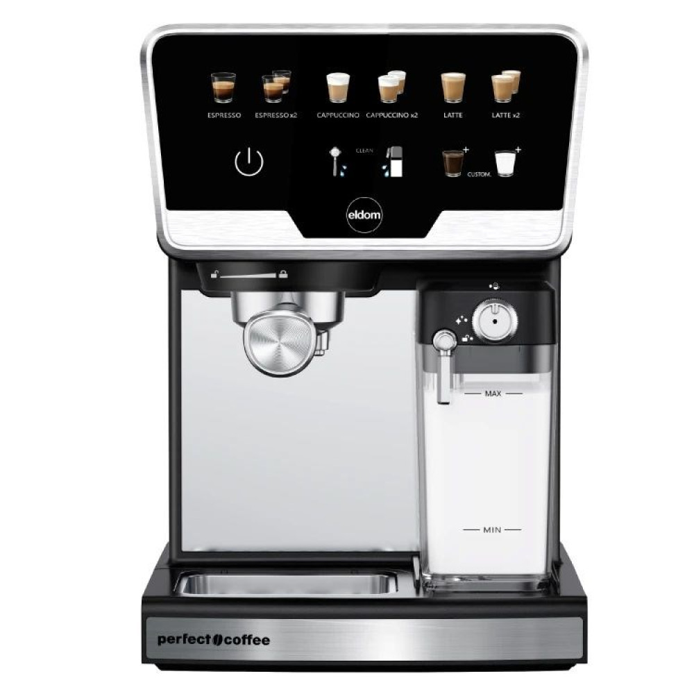 Una macchina da caffè nera con display touchscreen e caraffa per latte.