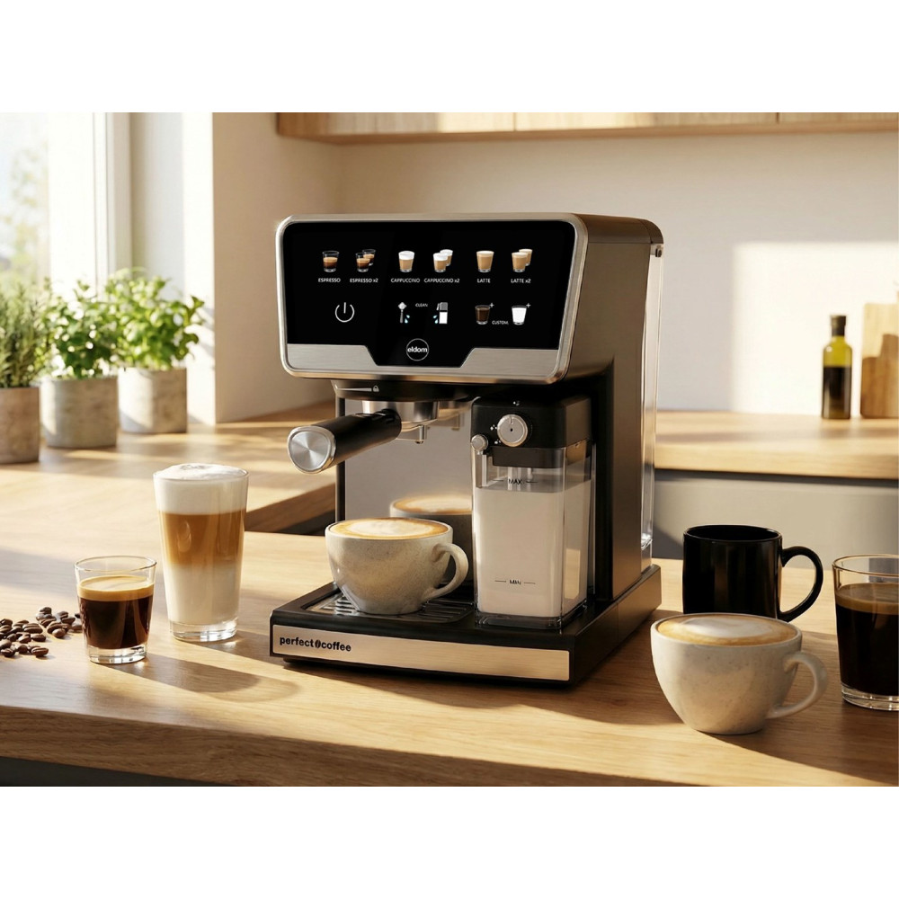Macchina da caffè con contenitore latte, due tazze e bicchierini caffè.