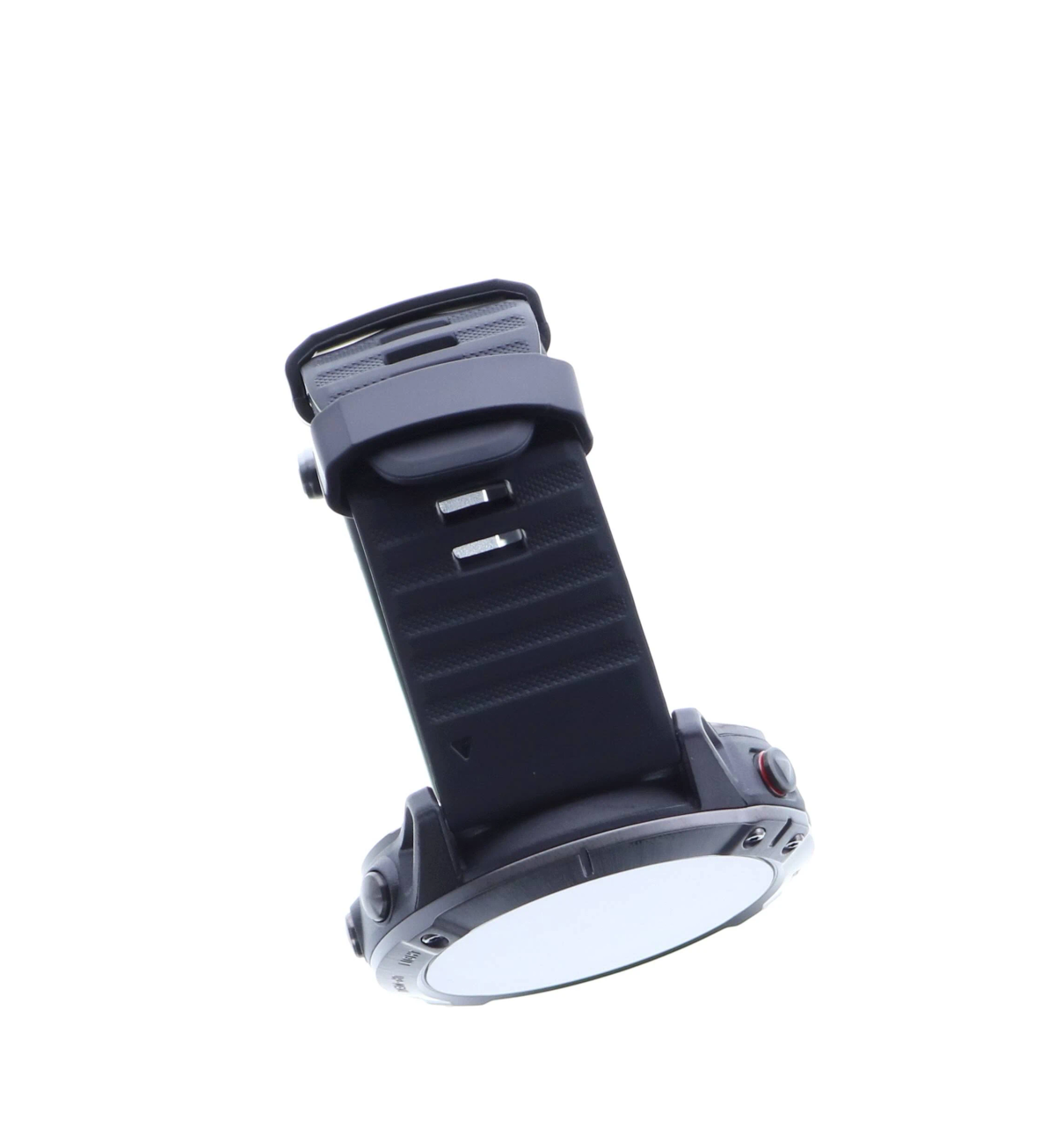 Eine schwarze Smartwatch mit strukturiertem Armband ist vor weißem Hintergrund zu sehen.