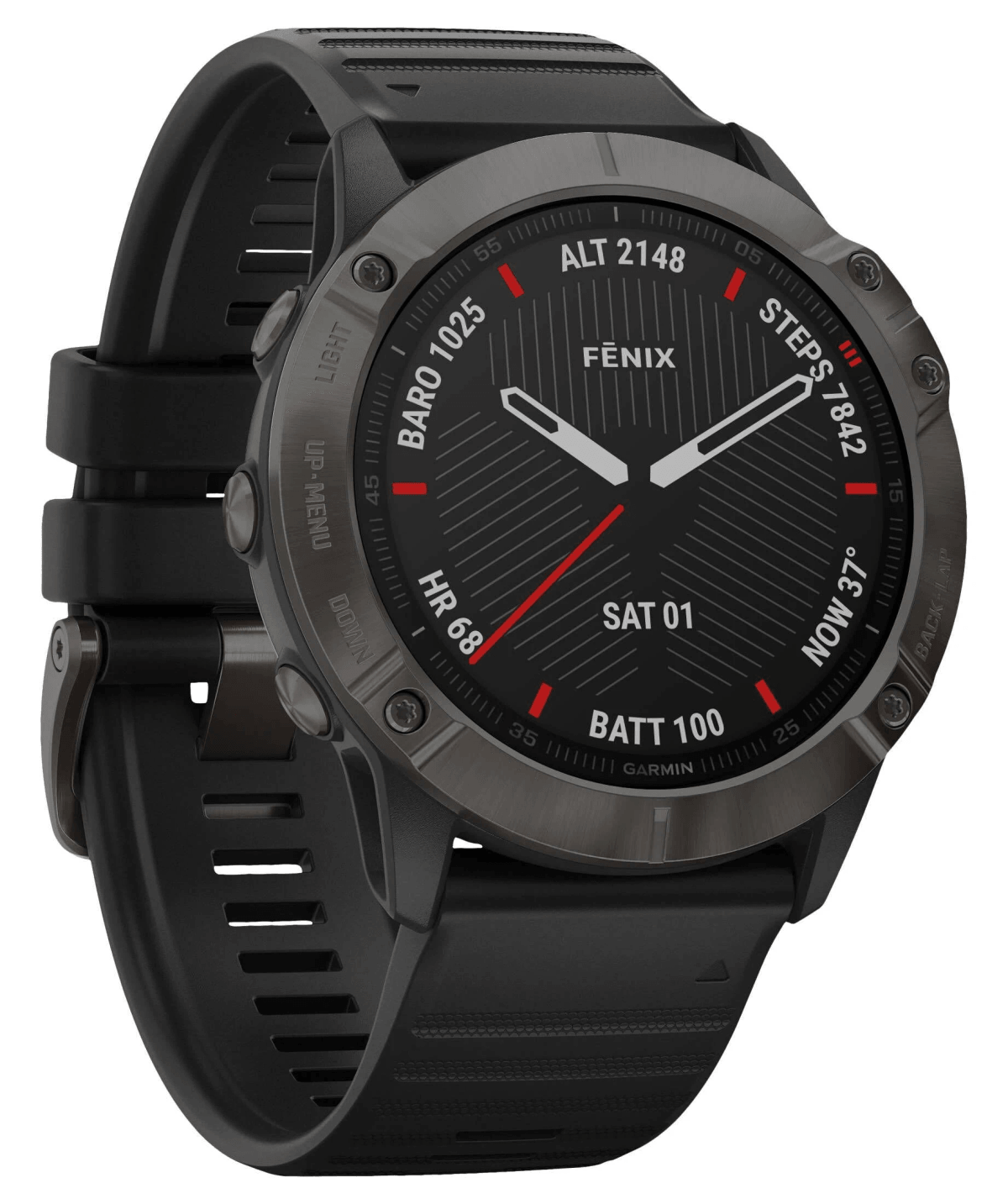 Schwarze Smartwatch mit Metalllünette und schwarzem Armband, zeigt Uhrzeit, Schritte, HF.