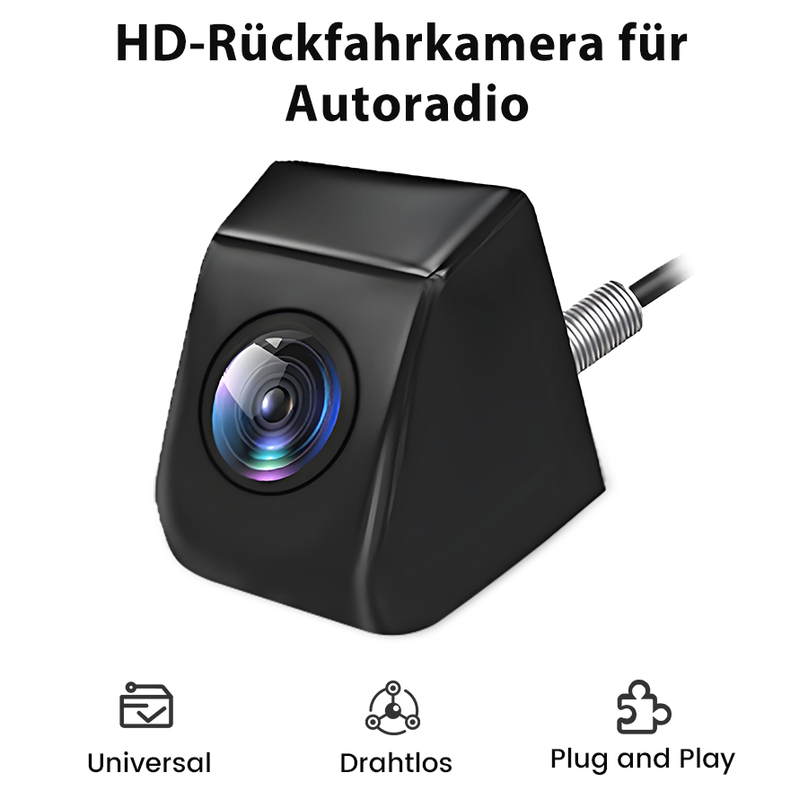Schwarze HD-Rückfahrkamera mit Linse und Kabel, drei Symbole unten.