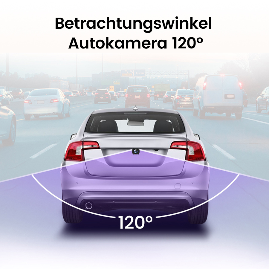 Rückansicht eines Autos mit 120° Sichtfeld der Rückfahrkamera.