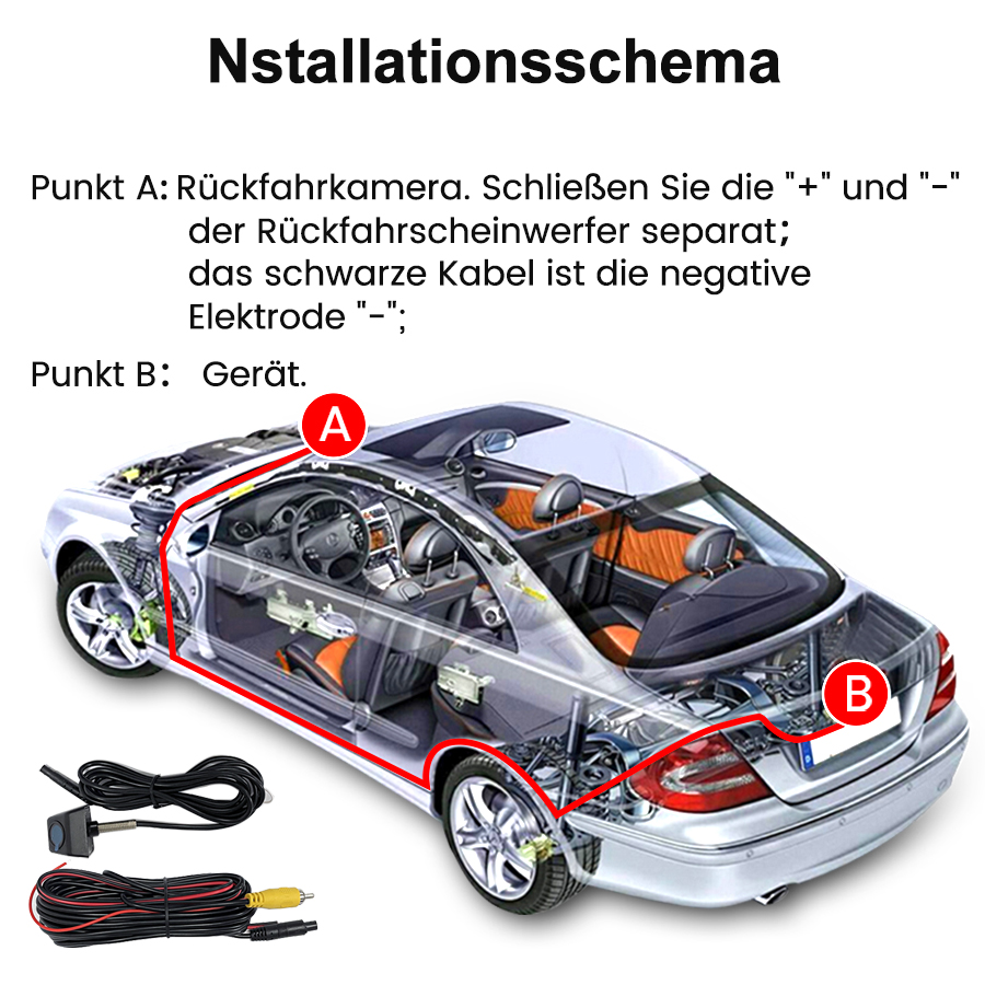 Installationsschema für eine Rückfahrkamera in einem Auto. Kabel werden gezeigt.