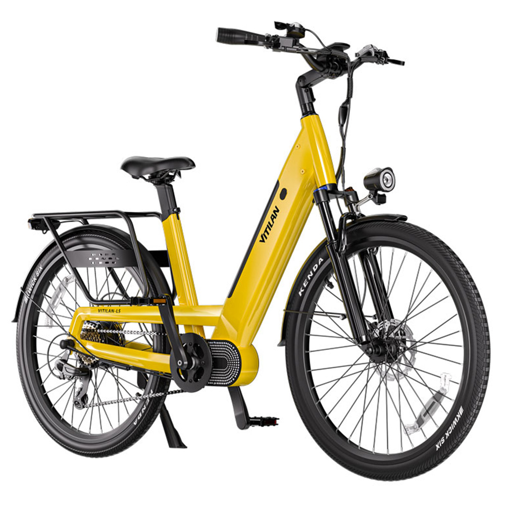 Ein gelbes E-Bike mit schwarzem Gepäckträger, schwarzem Sattel und schwarzen Reifen.