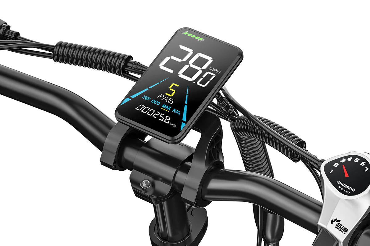 Fahrrad-Display zeigt 28 MPH, 5 PAS, 25.8 km Trip, ODO, MAX, AVG.
