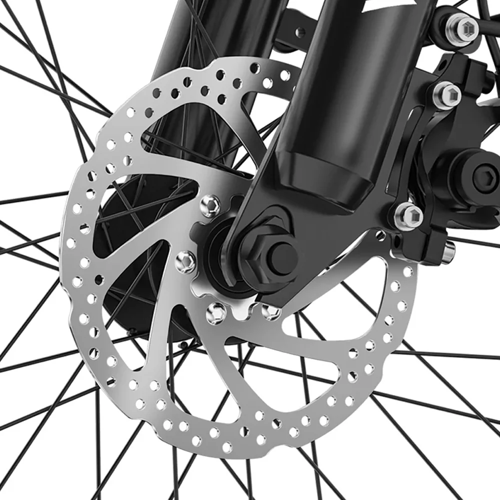 Nahaufnahme einer Fahrradscheibenbremse mit Speichen und schwarzer Gabel.