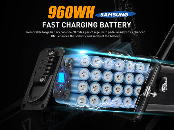 Primo piano di una batteria per bicicletta elettrica con molte celle e un logo Samsung.