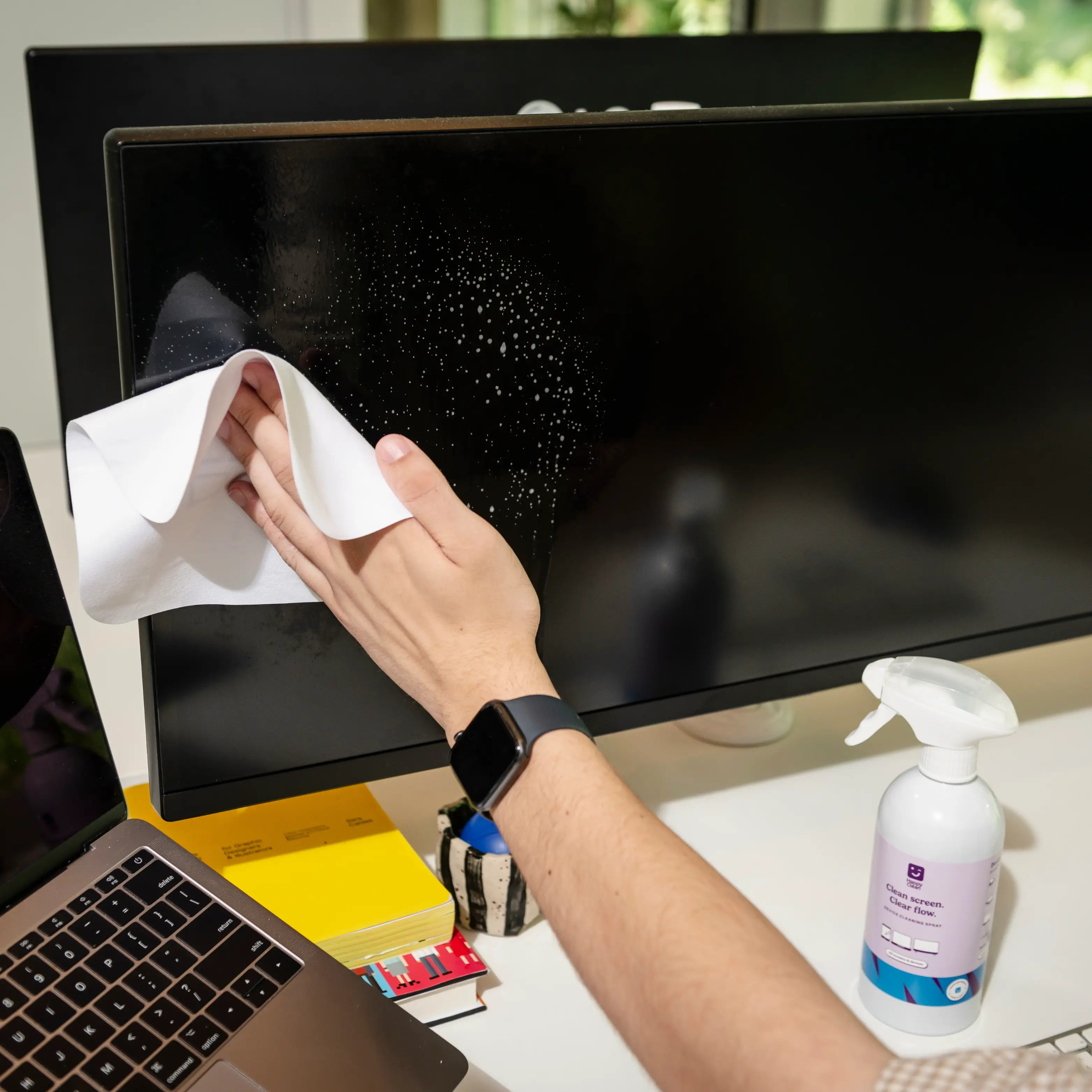Een hand veegt een zwarte computermonitor schoon met een witte doek.