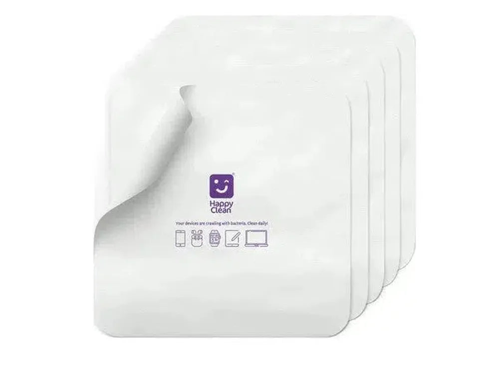 Verpakking van 5 witte schoonmaakdoekjes met Happy Clean logo en apparaaticonen.