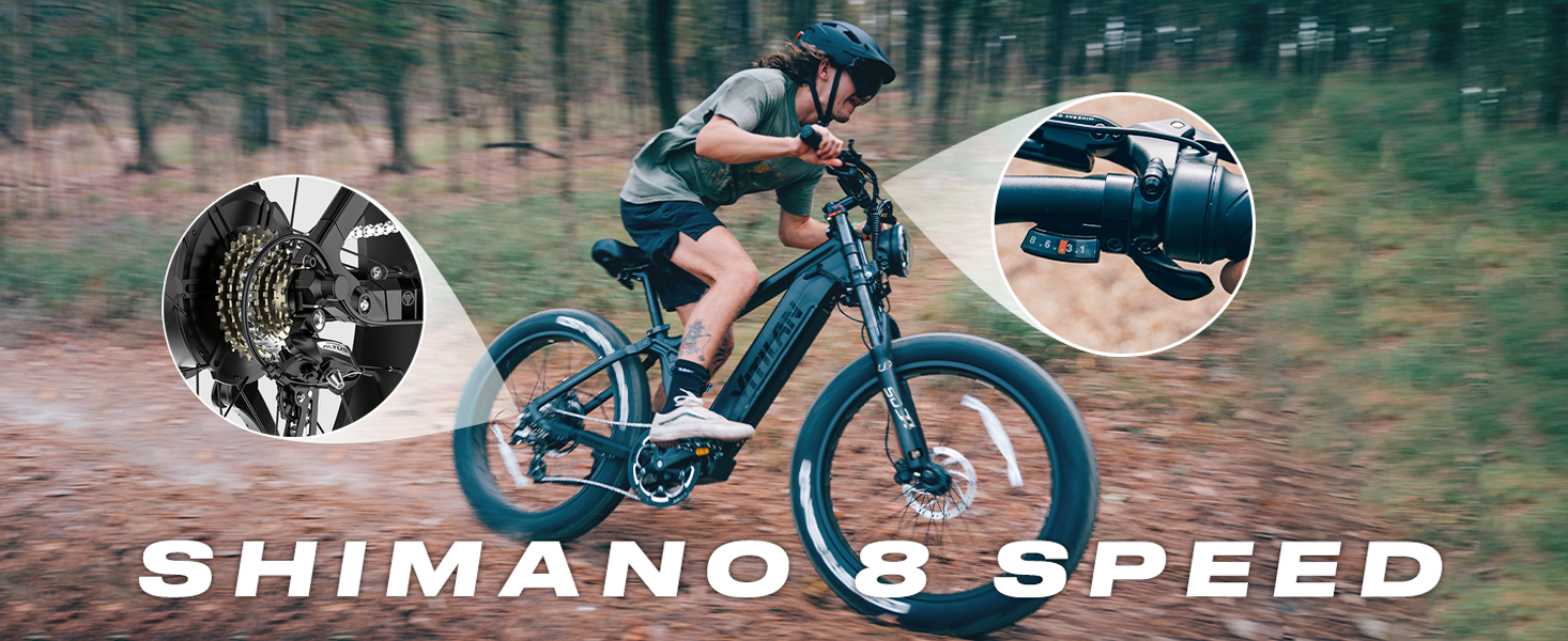 Mann fährt E-Bike mit Shimano 8-Gang-Schaltung im Wald.