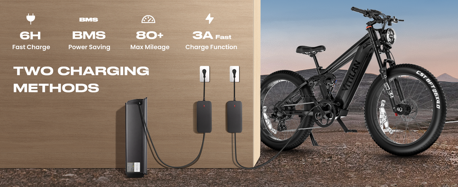 Ein schwarzes E-Bike steht neben zwei Ladegeräten und Steckdosen.