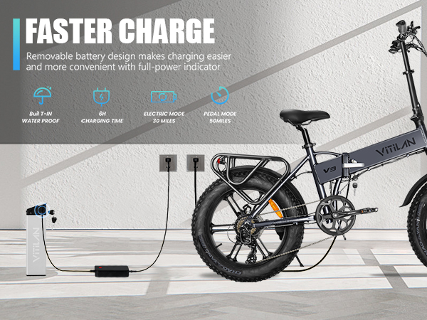 Una bicicleta eléctrica Vitilan V3 gris se está cargando. El texto resalta características.