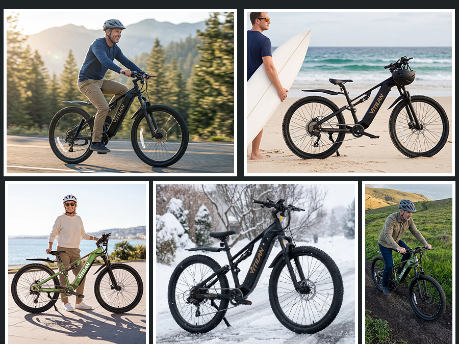 Mann fährt E-Bike auf Straße; Frau mit Surfbrett am Strand; Frau mit grünem E-Bike; E-Bike im Schnee; Mann fährt E-Bike auf Feldweg.