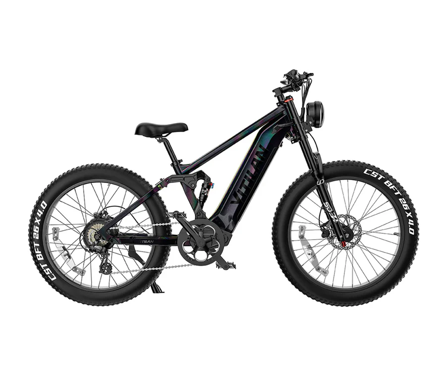 Schwarzes E-Bike mit fetten Reifen und Federung.