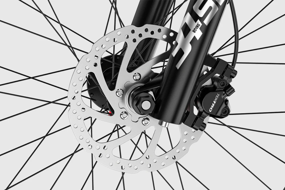 Nahaufnahme einer Fahrradscheibenbremse mit schwarzer Gabel und Speichen.