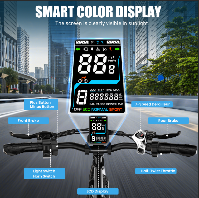 E-Bike-Lenker mit Smart-Farbdisplay, das Geschwindigkeit, Akku und Modi anzeigt.
