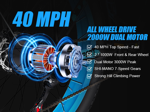 Elektrofahrradmotor mit 40 MPH Höchstgeschwindigkeit, 2000W Dualmotor, 7-Gang.