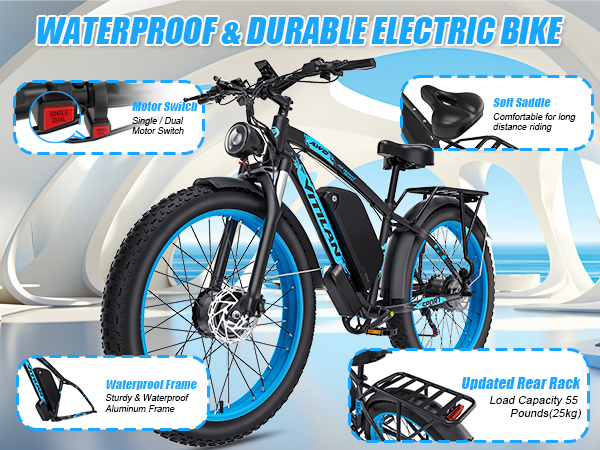Ein schwarzes und blaues E-Bike mit fetten Reifen, Details zu Motorsteuerung, Sattel, Rahmen und Gepäckträger.