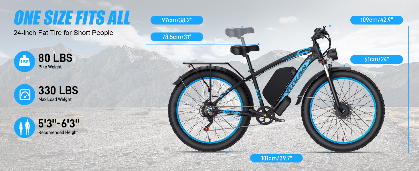 Ein schwarzes E-Bike mit dicken Reifen, Maßen und Gewichten.
